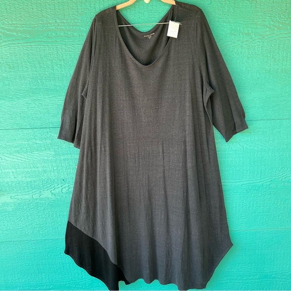 EILEEN FISHER WASHED ORGANIC LINEN GRAY BLACK ASYMMETRICAL 3/4 SLEEVES DRESS NWT - Picture 1 of 8